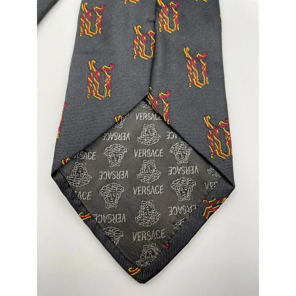 Gianni Versace Mens Silk Tie Charcoal Grey Red Gold Abstract Monogram Italy